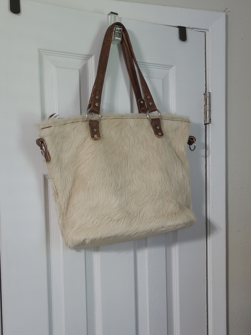 Faux Fur Tote Bag with Brown Leather Handles - Cream